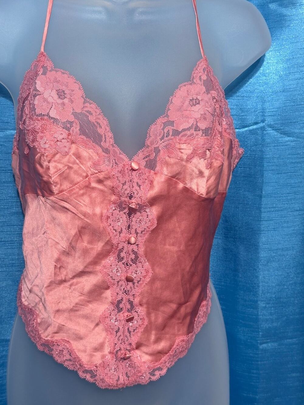 Victoria's Secret Silk Lace Camisole Top Womens M Pink Floral Center Front
